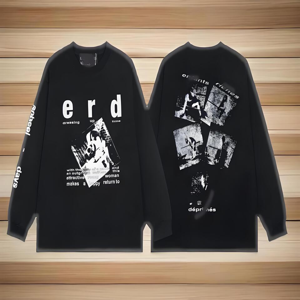 ERD Black Cotton Long Sleeve T-Shirt Street Art Loose Fit