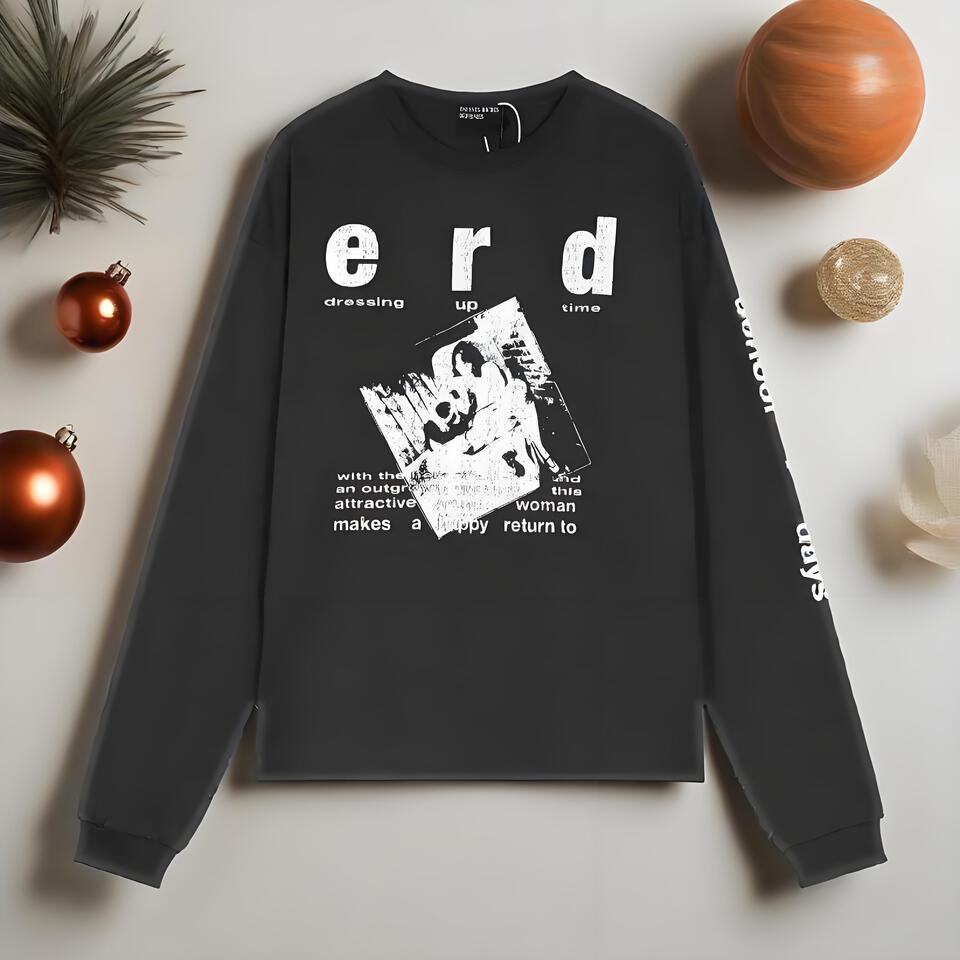 ERD Black Cotton Long Sleeve T-Shirt Unisex Streetwear Print