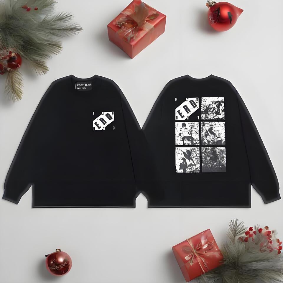 ERD Black Long Sleeve T-Shirt Unisex Cotton Streetwear Print Collage