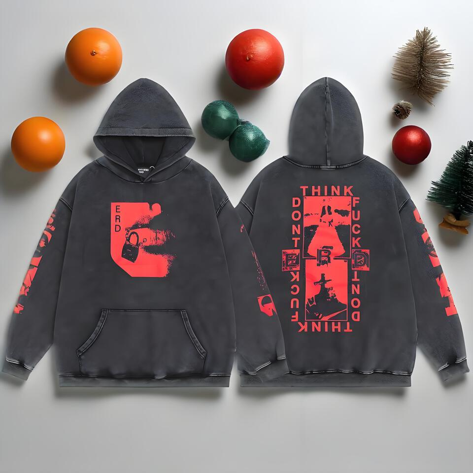 ERD Washed Black Hoodie Retro Cotton Streetwear Print Unisex