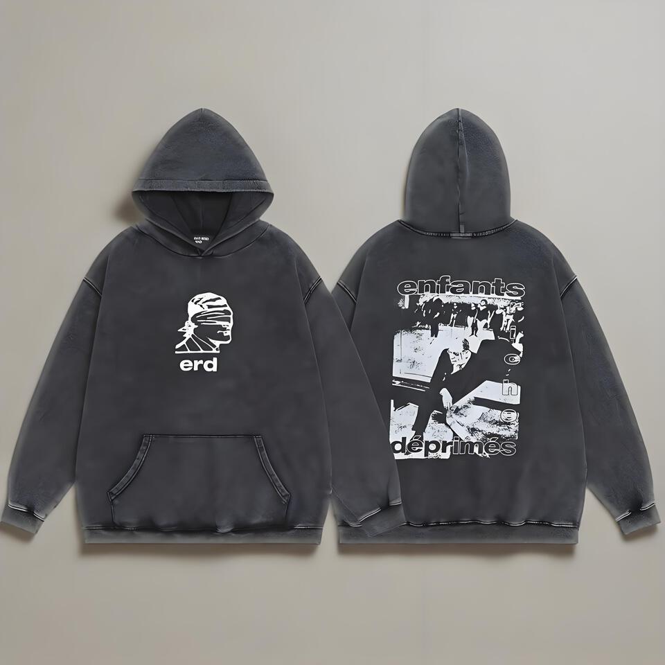 ERD Washed Black Hoodie Unisex Streetwear Print Casual