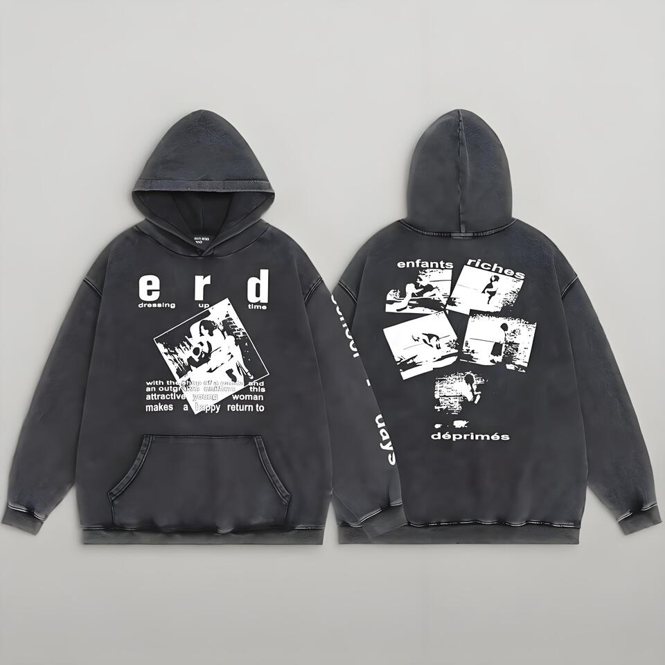 ERD Washed Carbon Black Hoodie Vintage Streetwear Unisex
