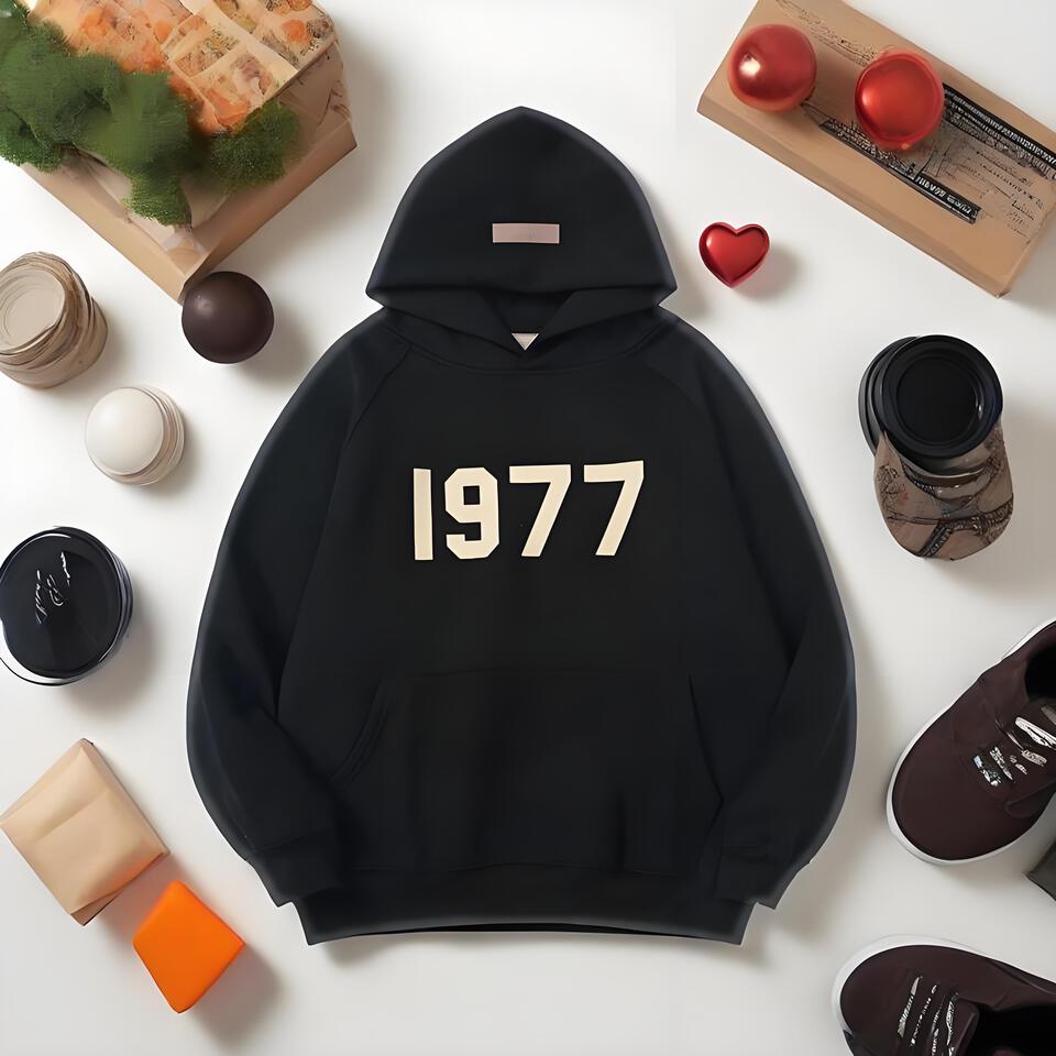 ESSENTIALS 1977 Unisex Black Hoodie Streetwear Warm Casual