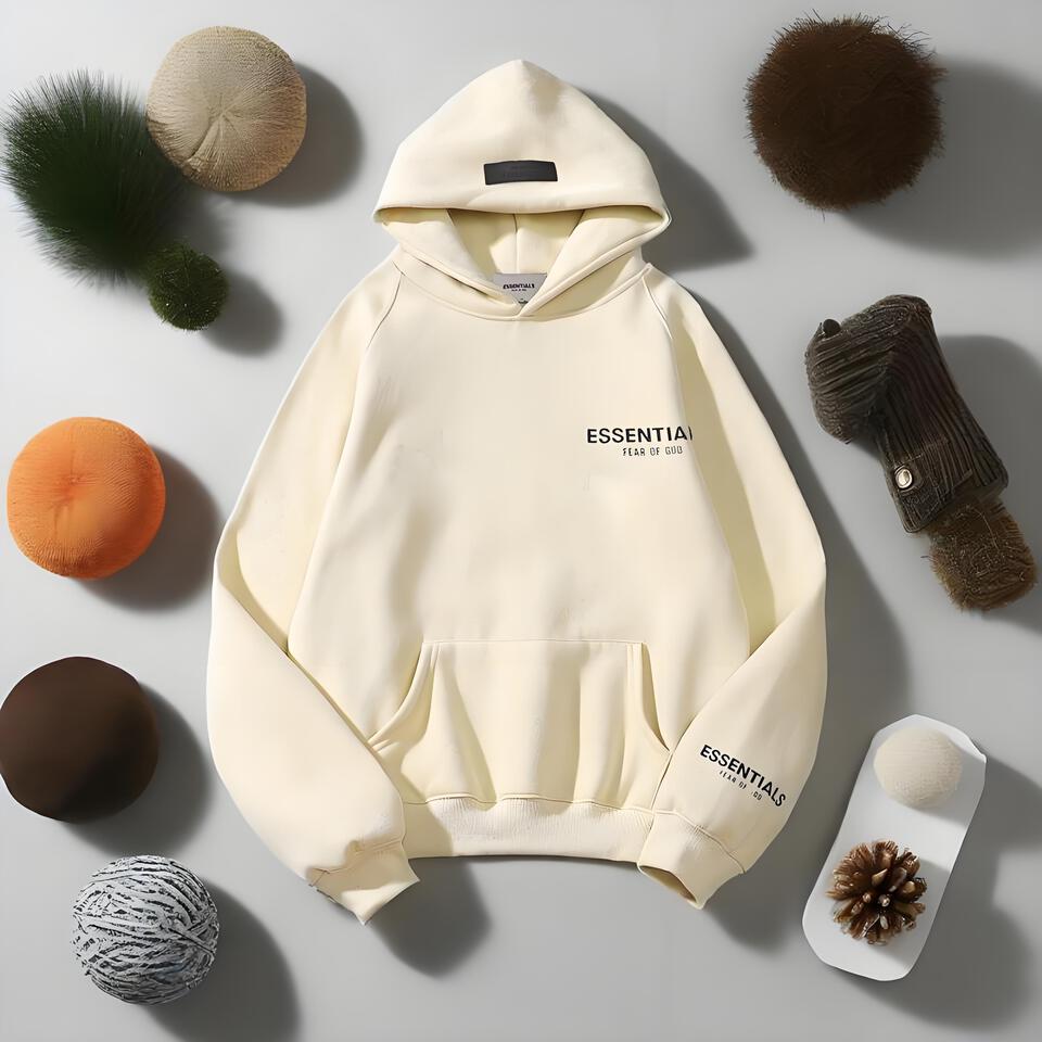 ESSENTIALS Beige Fleece Hoodie Unisex Streetwear Casual