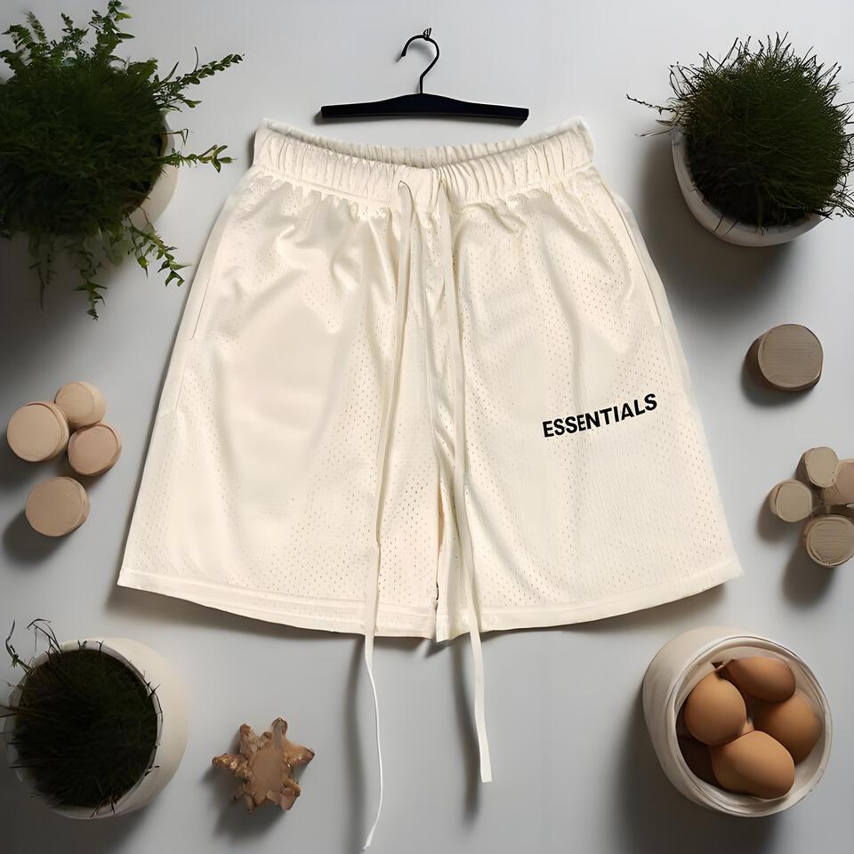 ESSENTIALS Beige Mesh Shorts Unisex Drawstring Waist Casual Streetwear