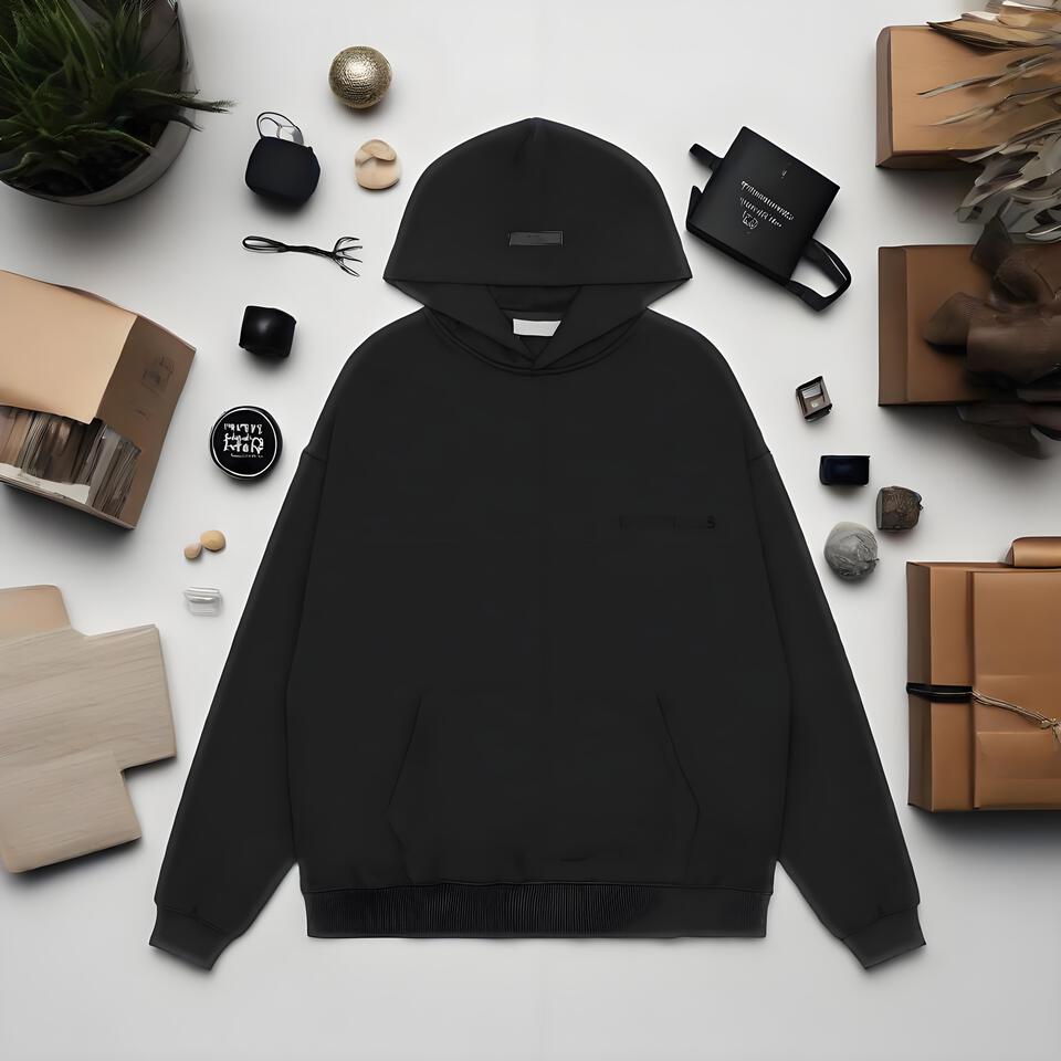 ESSENTIALS Black Cotton Hoodie Unisex Streetwear Casual