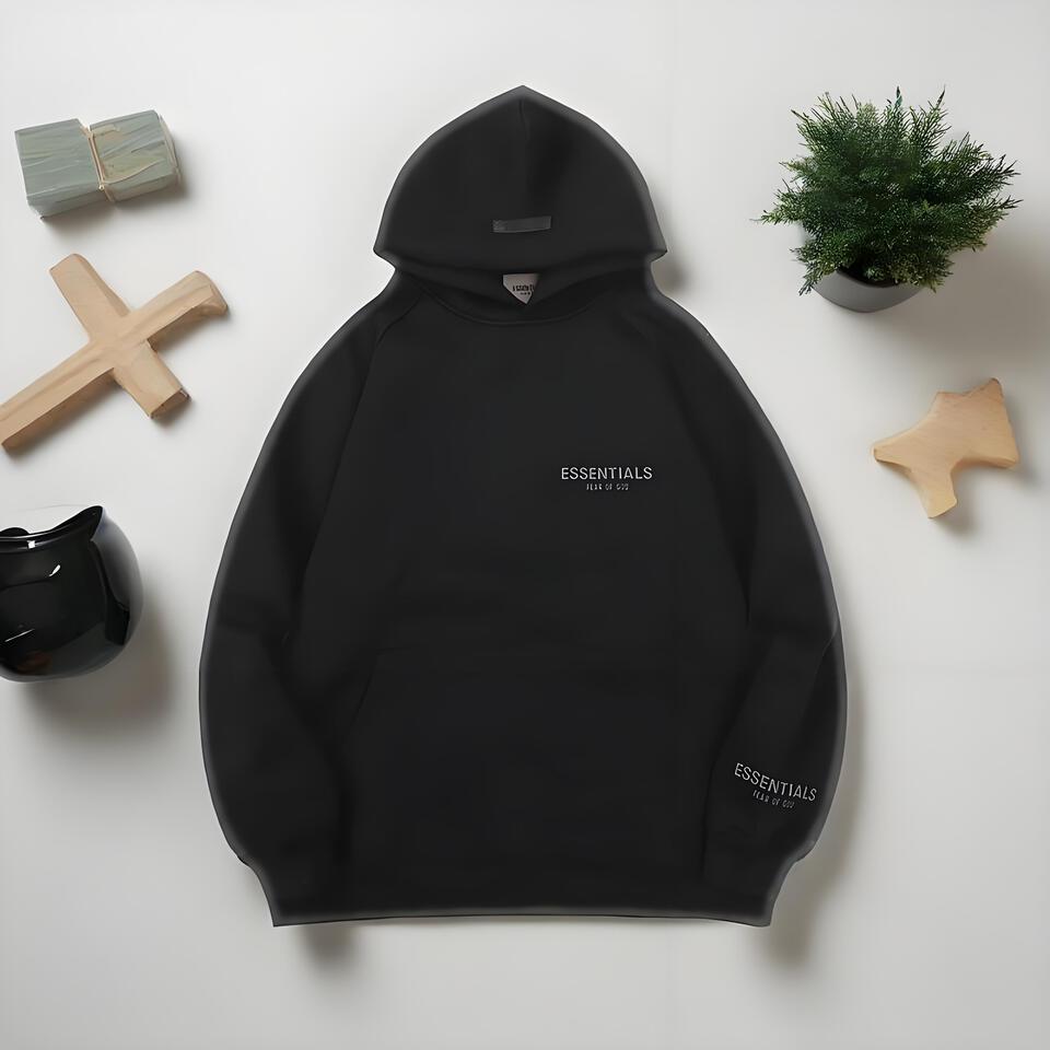 ESSENTIALS Black Cotton Hoodie Unisex Streetwear Loose Fit