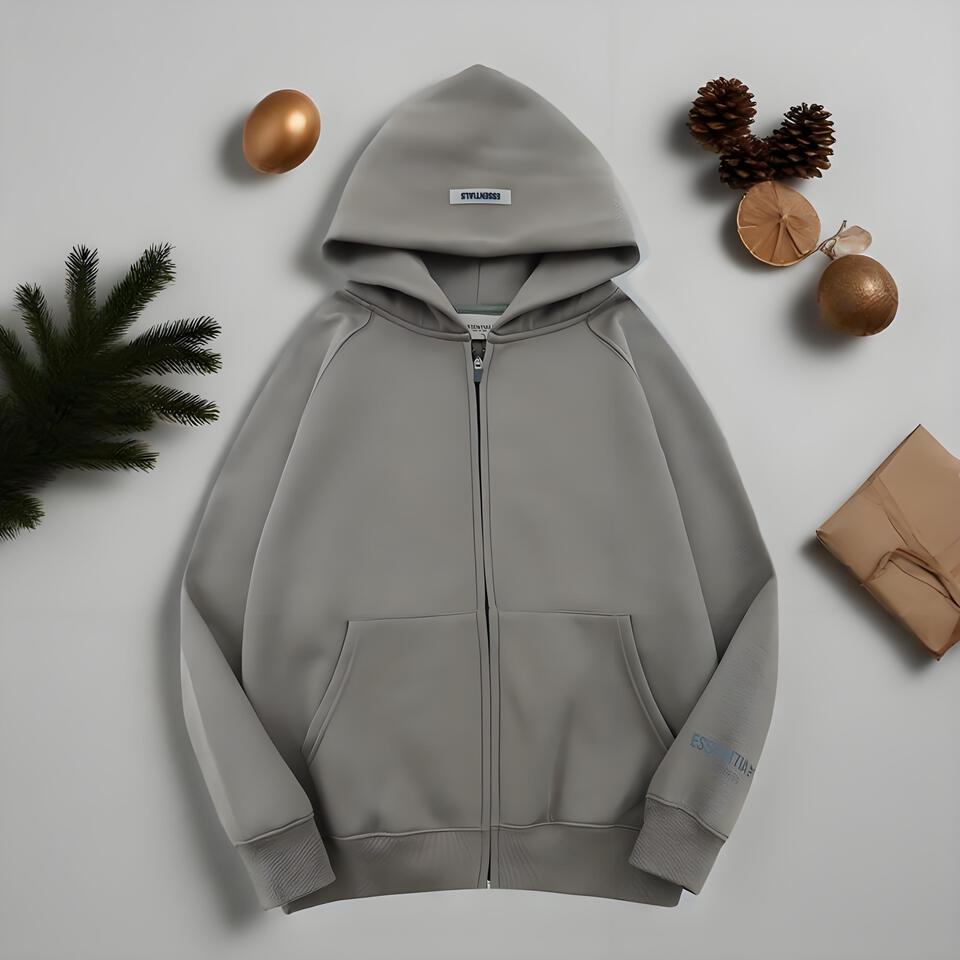 ESSENTIALS Grey Fleece Hoodie Unisex Streetwear Oversized Fit