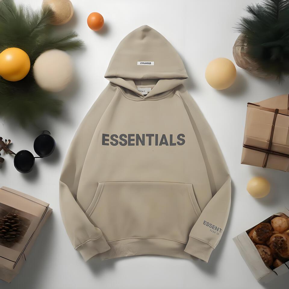ESSENTIALS Hooded Cotton Sweatshirt Unisex Streetwear Khaki