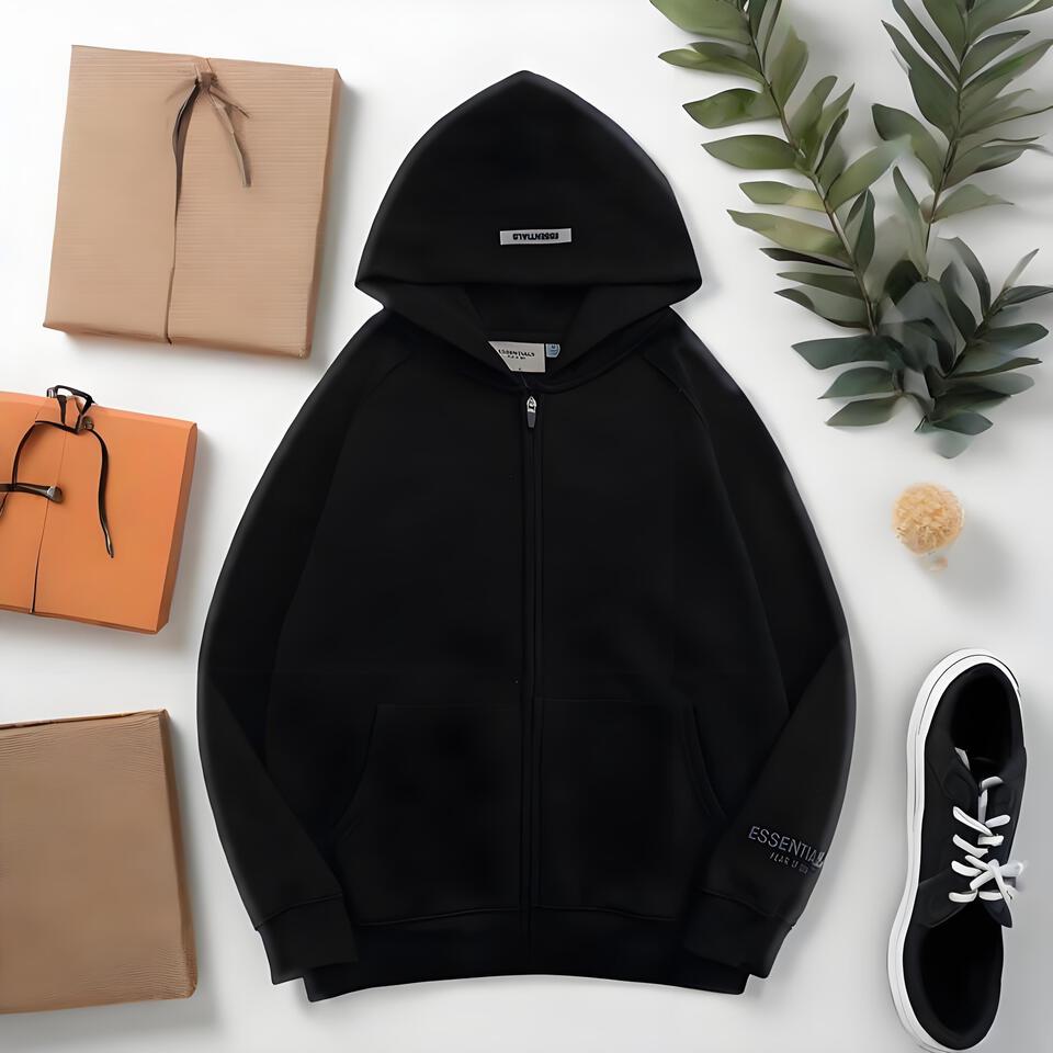 ESSENTIALS Unisex Black Cotton Hoodie Streetwear Casual