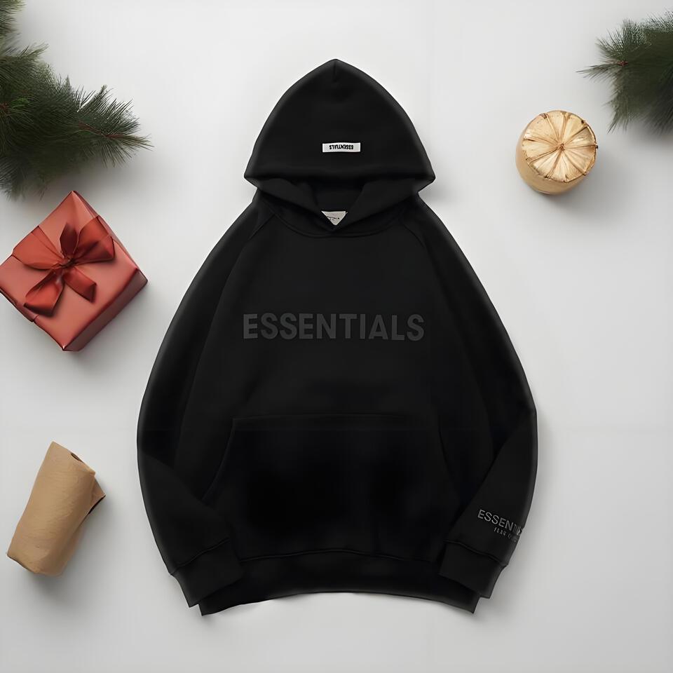 ESSENTIALS Unisex Black Cotton Hoodie Streetwear Oversized Fit
