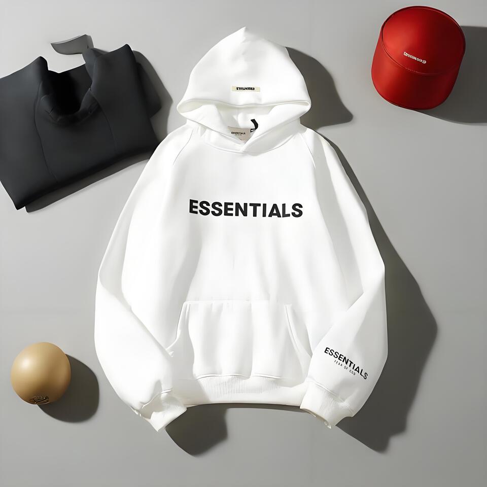 ESSENTIALS Unisex White Cotton Hoodie Streetwear Casual Style