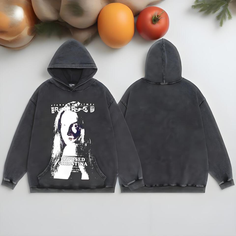Exposed Christina Washed Black Hoodie Unisex Vintage Cotton Streetwear