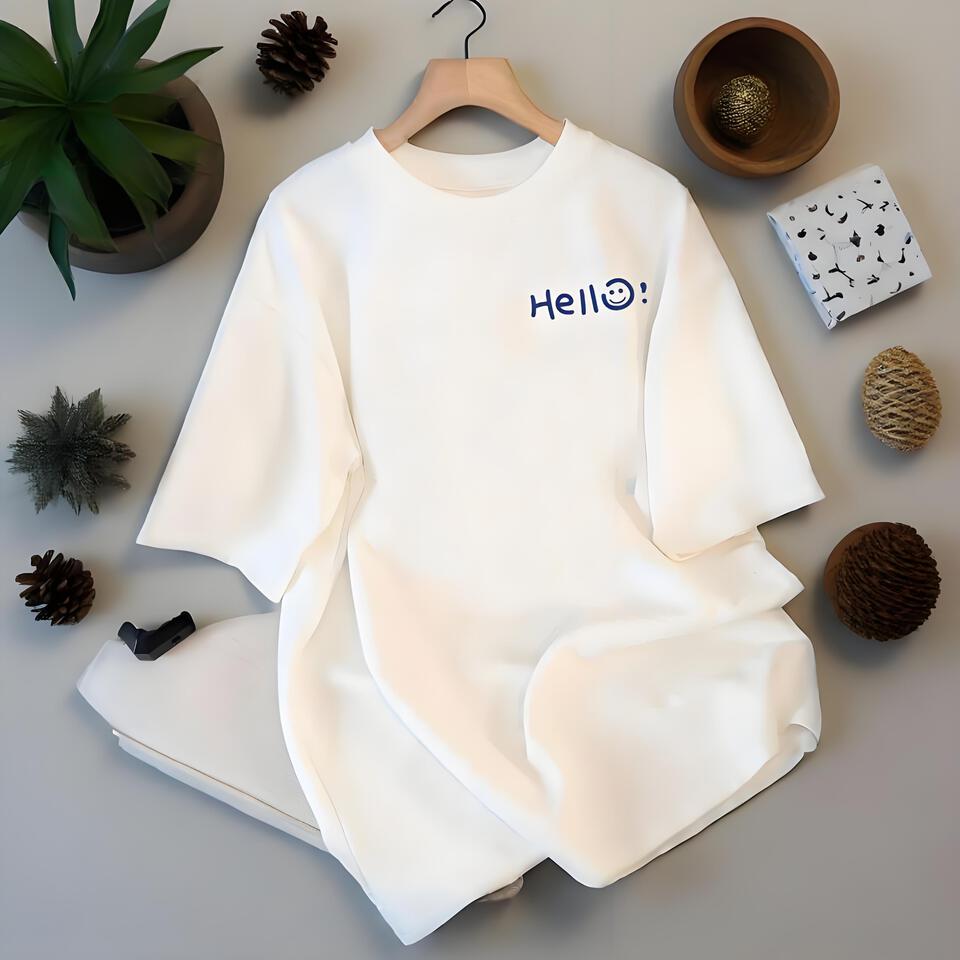 Fashion Hello Print White Cotton T-Shirt Unisex Loose Fit