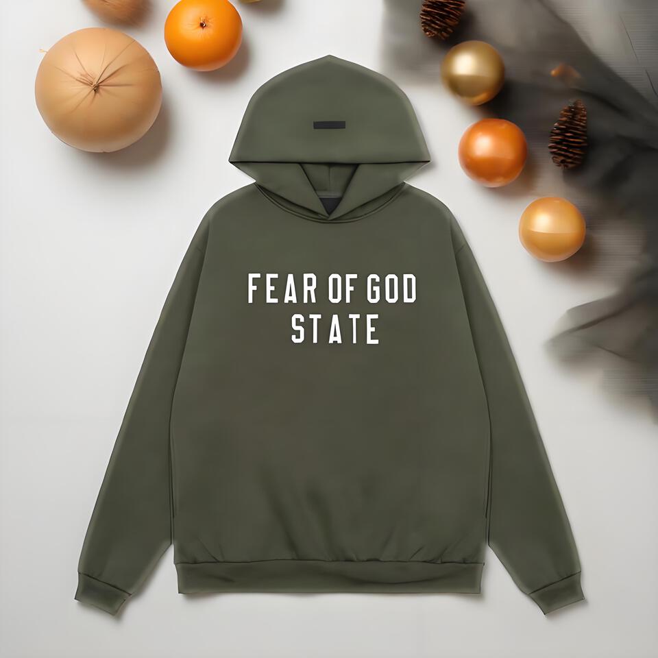 Fear Of God Olive Green Fleece Hoodie Unisex Streetwear Print
