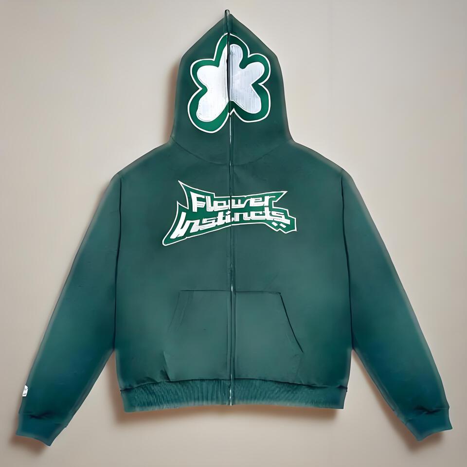 Flower Instincts Green Cotton Hoodie Unisex Streetwear Casual