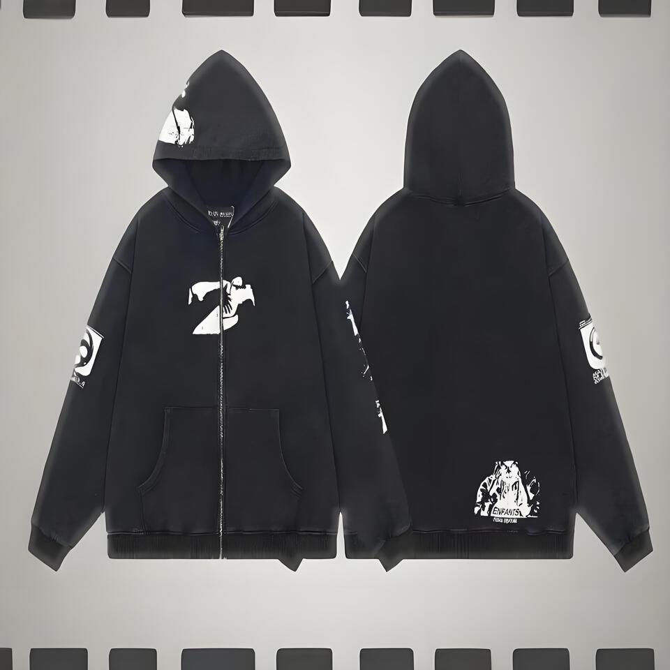 Funky Style Black Hooded Cotton Sweatshirt Unisex Streetwear