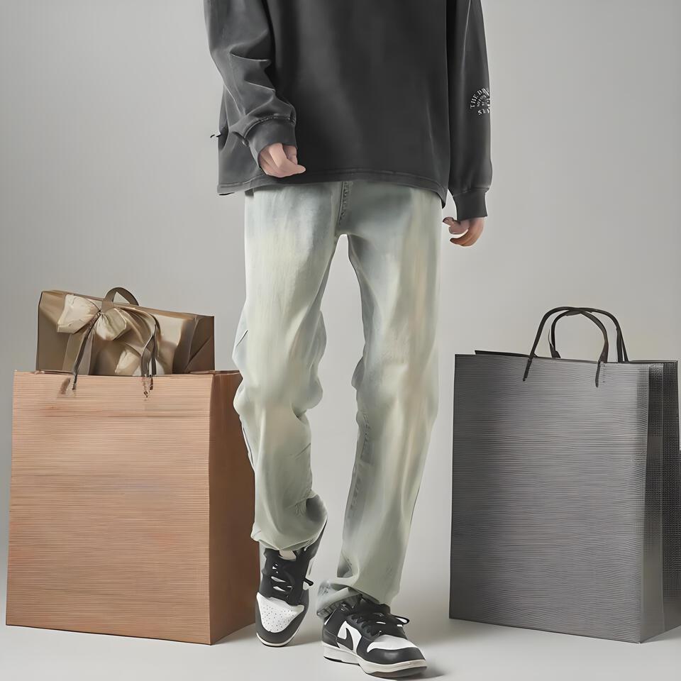 Funtoliu Light Green Vintage Fade Cotton Denim Wide Leg Pants