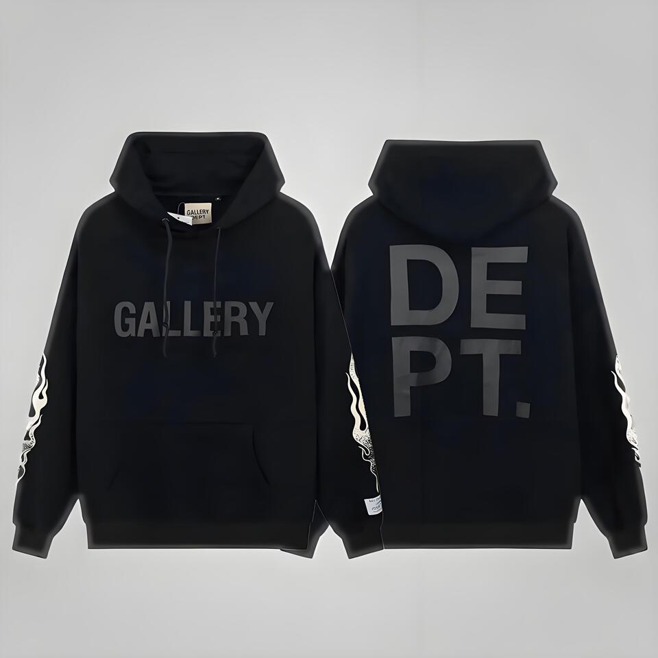 Gallery Dept Black Cotton Flame Print Hoodie