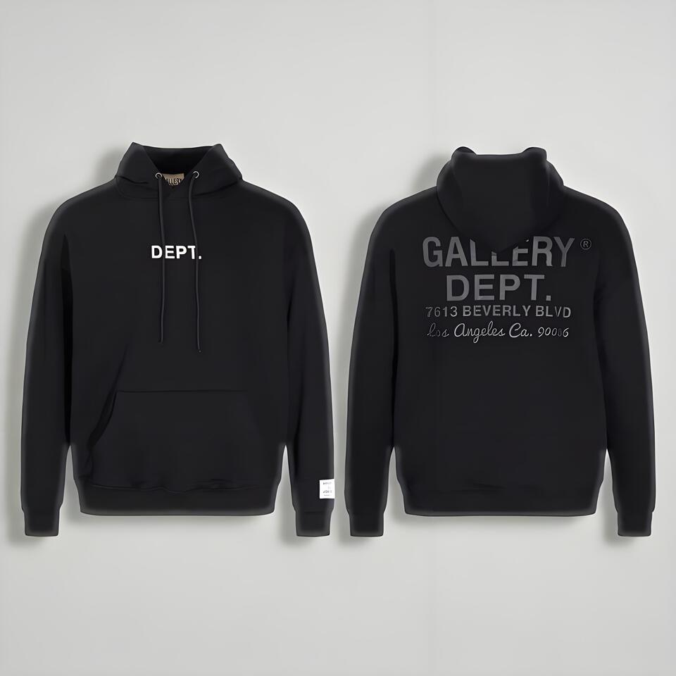 Gallery Dept Black Cotton Hoodie Unisex Streetwear Style