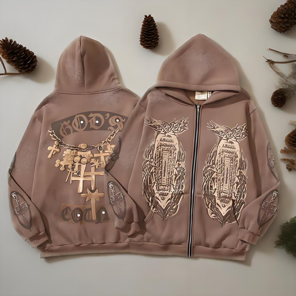 God's Brown Zip-Up Hoodie Unisex Streetwear Casual Jacket