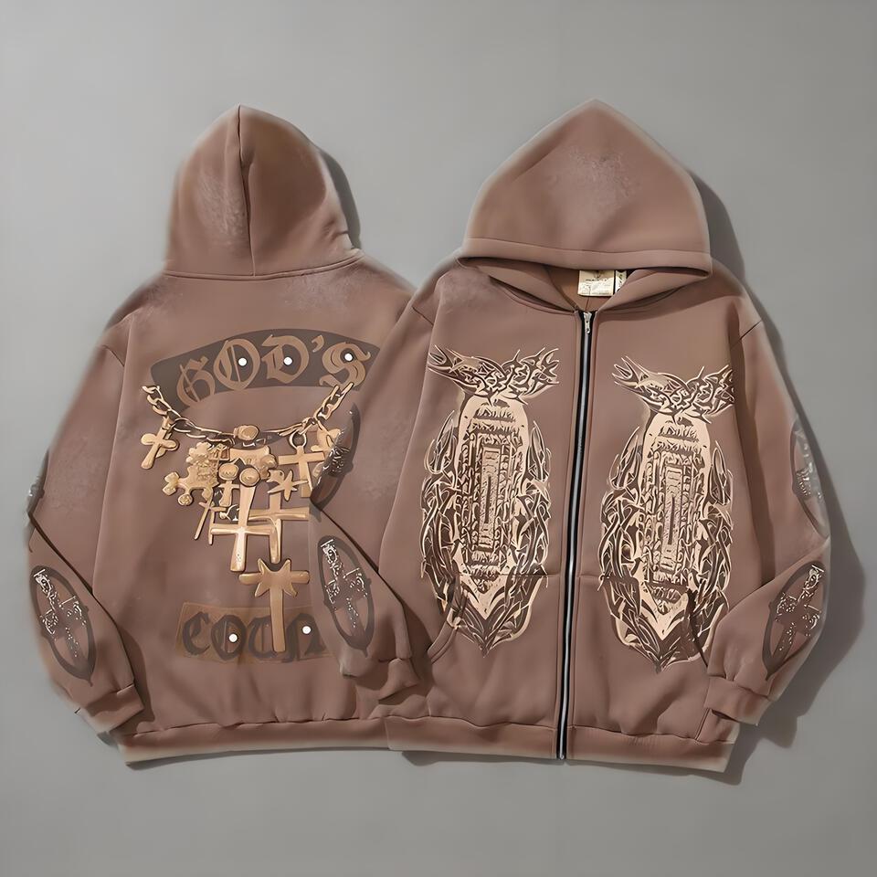 GOD'S COLD Brown Cotton Blend Hoodie Unisex Streetwear Print