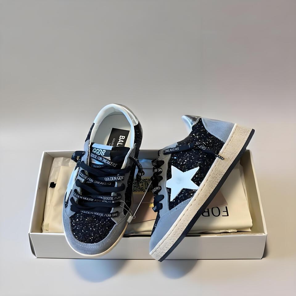 Golden Goose Ball Star Black Silver Glitter Retro Sneakers