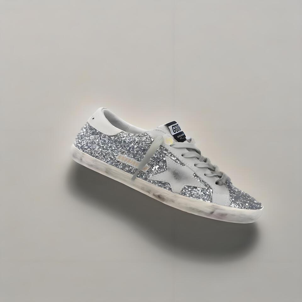 Golden Goose Super-Star Silver Glitter Distressed Casual Sneakers