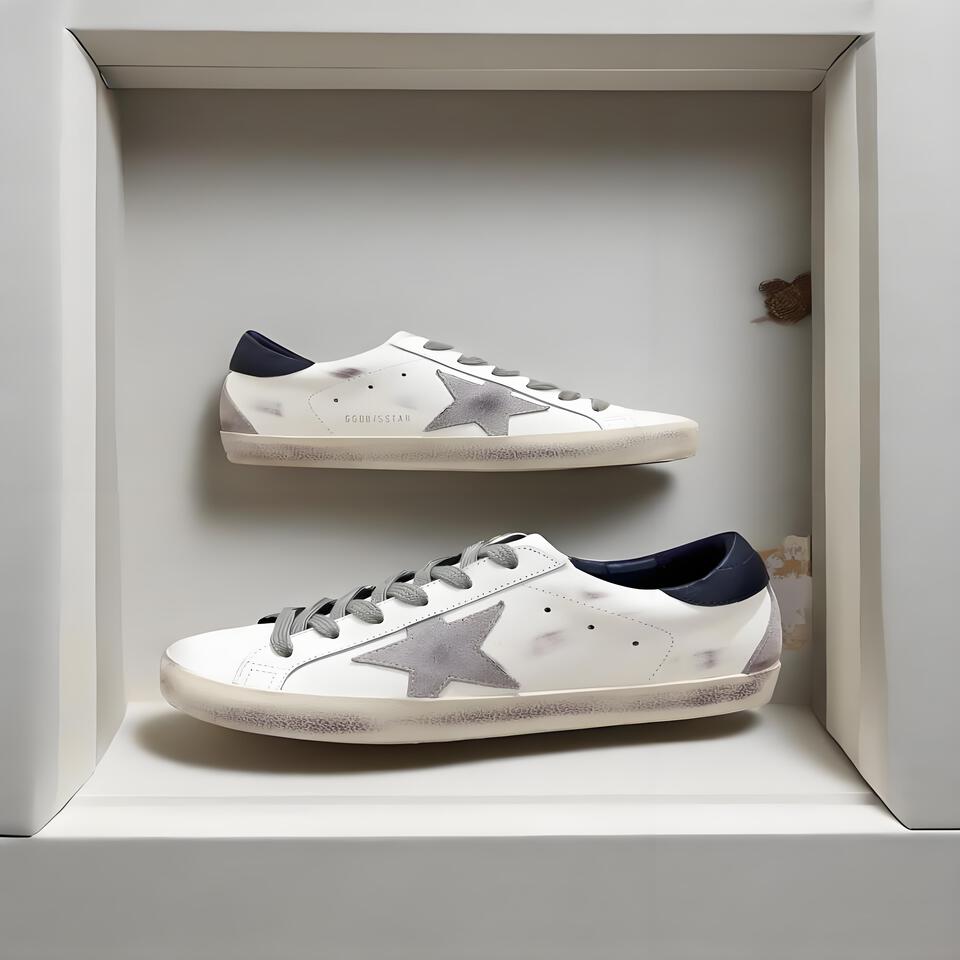 Golden Goose Superstar White Grey Blue Distressed Retro Sneakers