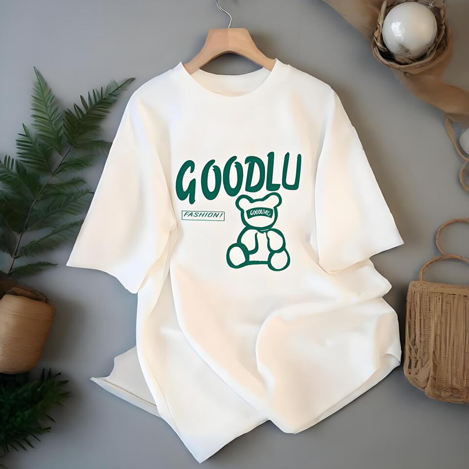 GOODLU Unisex White Loose Fit Cotton T-Shirt Casual Print Top