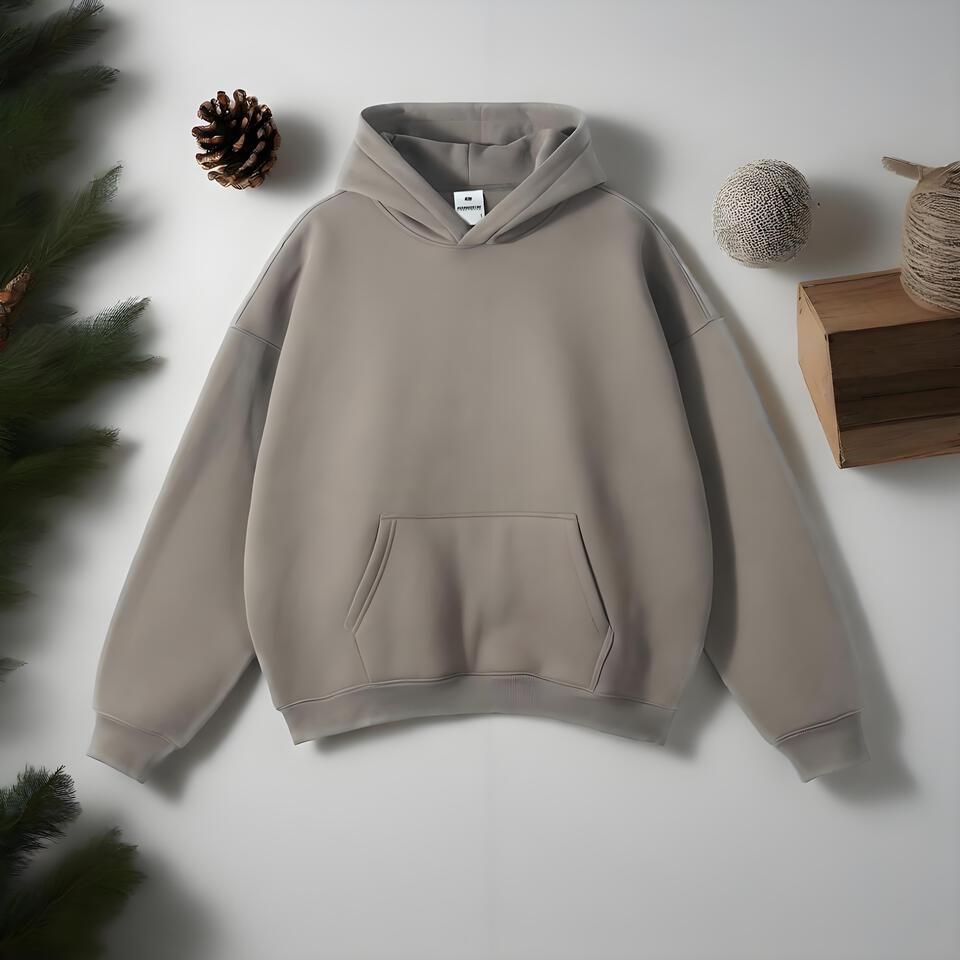 Gray Beige Unisex Hooded Sweatshirt Cotton Oversized Casual