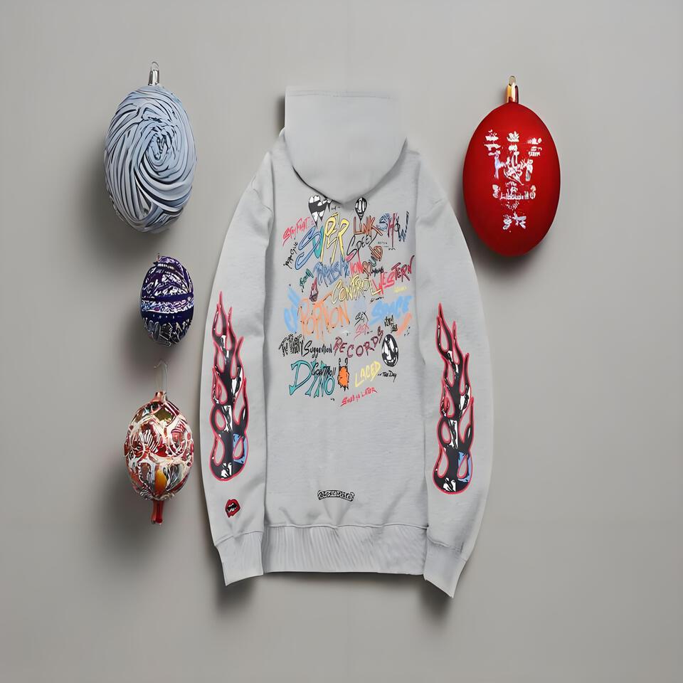 Gray Hoodie Street Hip-Hop Unisex Graffiti Flame Print Cotton Casual