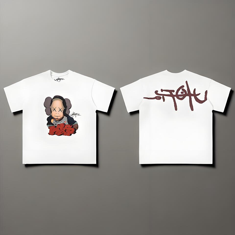 JAFEE White Loose Cotton Cartoon Print Unisex T-Shirt