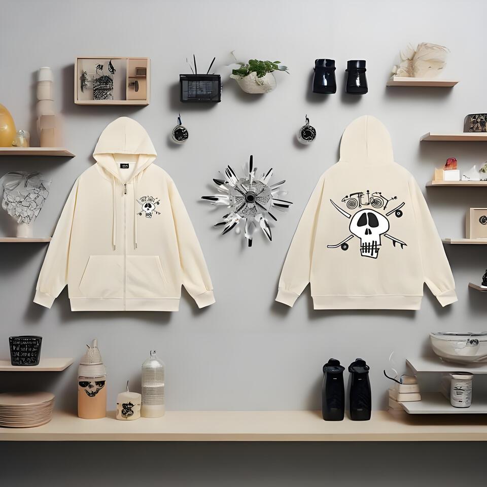 Just Mi White Hooded Zip-Up Sweatshirt Unisex Casual Cotton Streetwear