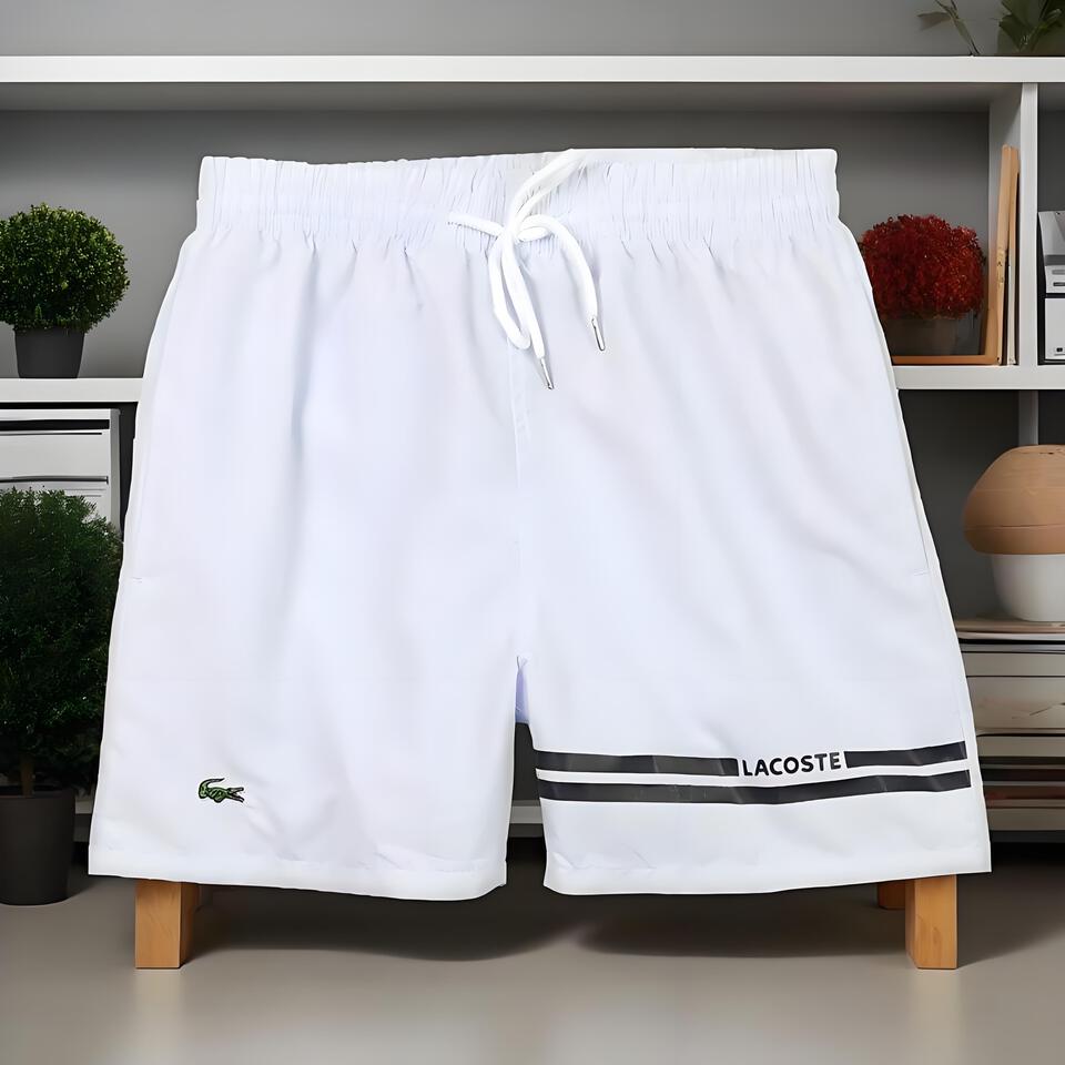 LACOSTE Men's Classic Black White Striped Elastic Waist Casual Shorts