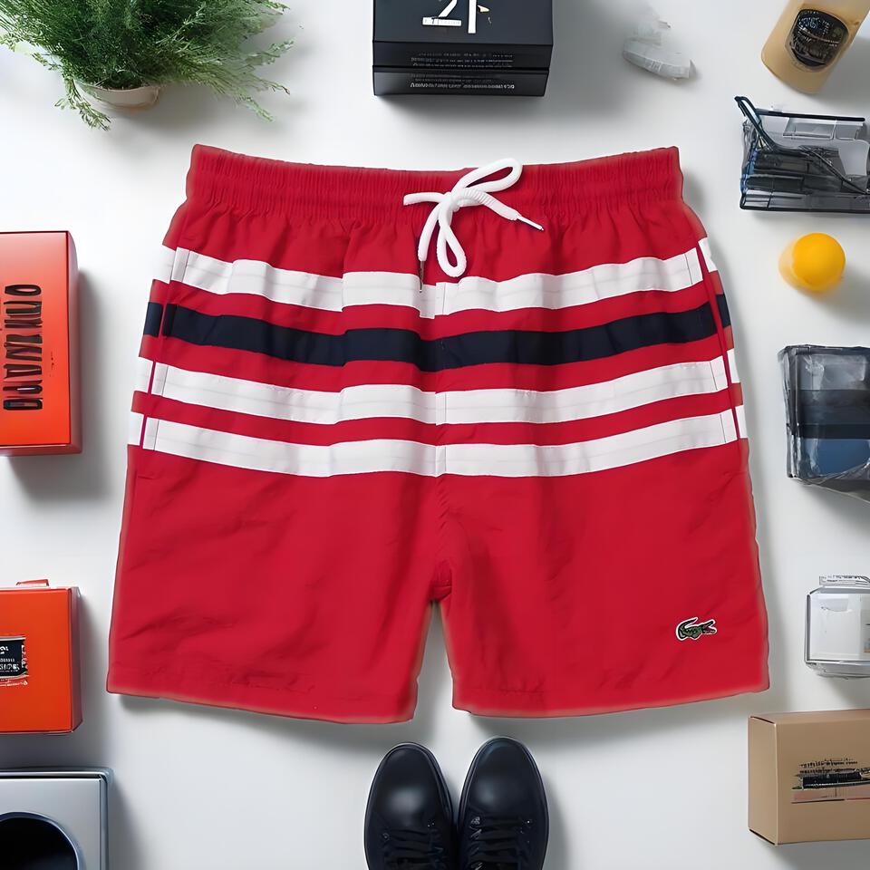 Lacoste Men's Red Stripe Shorts - Classic Cotton French Terry Casual