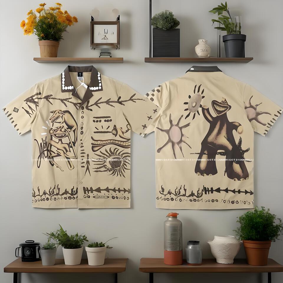 Lago Khaki Cotton Breathable Unisex Print Short Sleeve Shirt