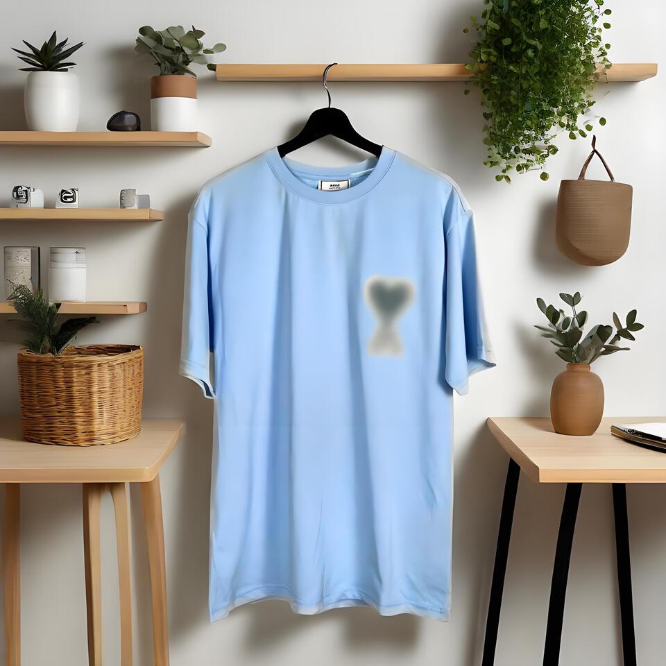 Light Blue Heart Print Cotton Crewneck T-Shirt