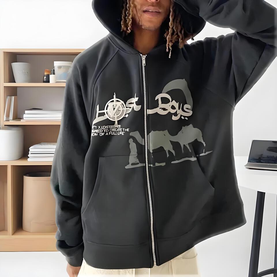 Lost Boys Unisex Black Hoodie Street Fashion Print Cotton Sweatshirt