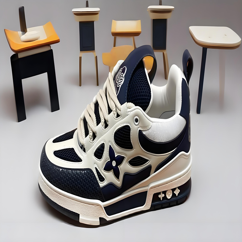 Louis Vuitton Trainer White Blue Sneakers, Mesh Leather Retro Fashion Athletic Shoes