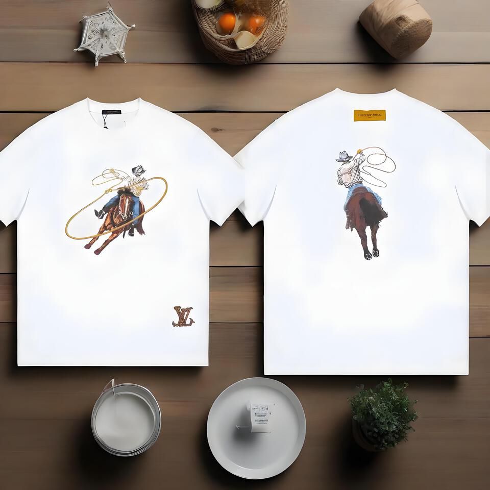 Louis Vuitton White Cotton Embroidered Denim Print T-Shirt