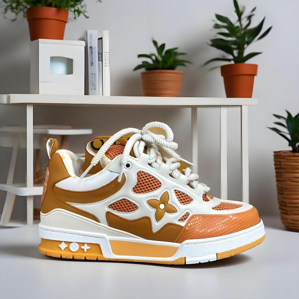 Louis Vuitton White Orange Trainer Leather Sneakers with Perforated Details