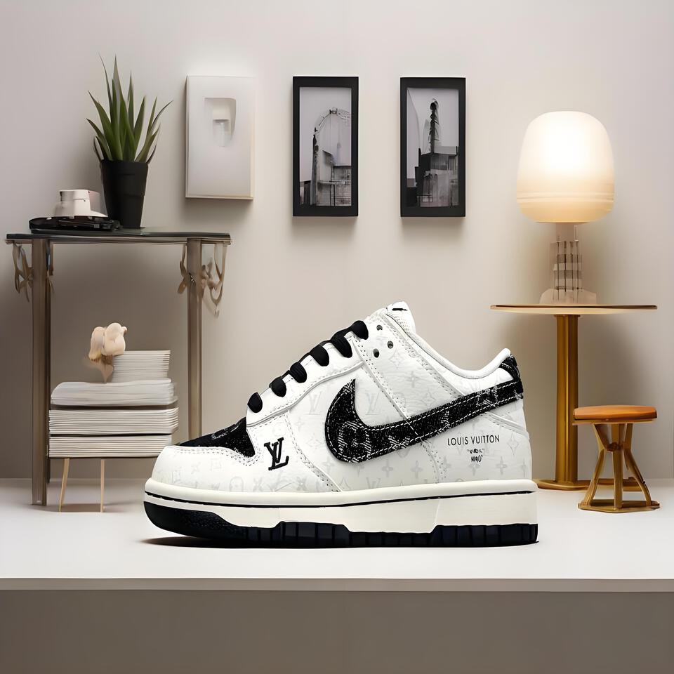 Louis Vuitton x Nike Dunk Low White Black Leather Sneakers