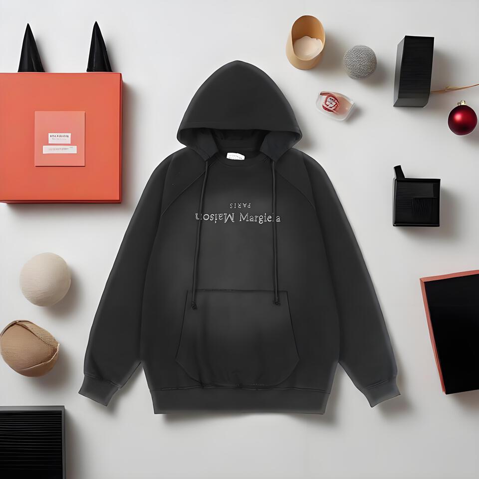Maison Margiela Black Cotton Hoodie Streetwear Embroidered Loose