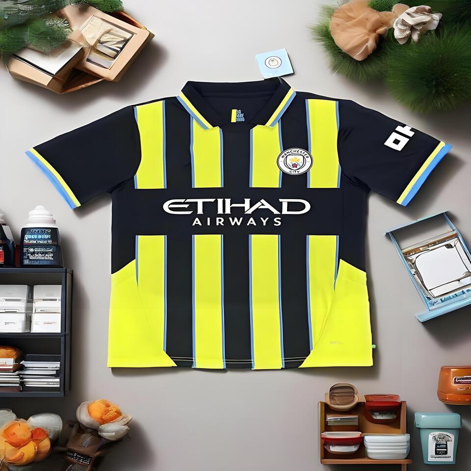Man City Black Yellow Blue Striped Breathable Short Sleeve Football Shirt