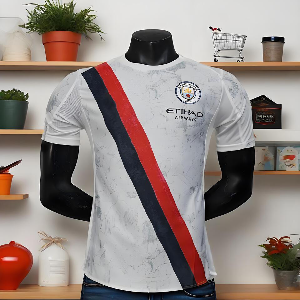 Manchester City Classic Football T-Shirt - Breathable Red White Black Stripe Sporty Tee