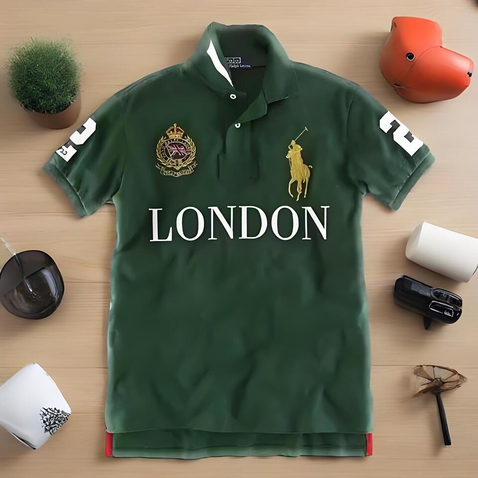 Men's Cotton Polo Shirt Green Embroidered Badge Casual Top