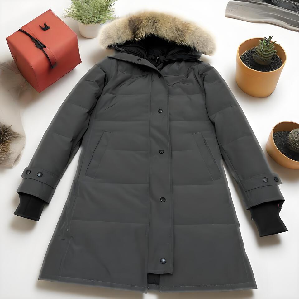 Men's Dark Gray Long Hooded Down Jacket with Raccoon Fur Trim