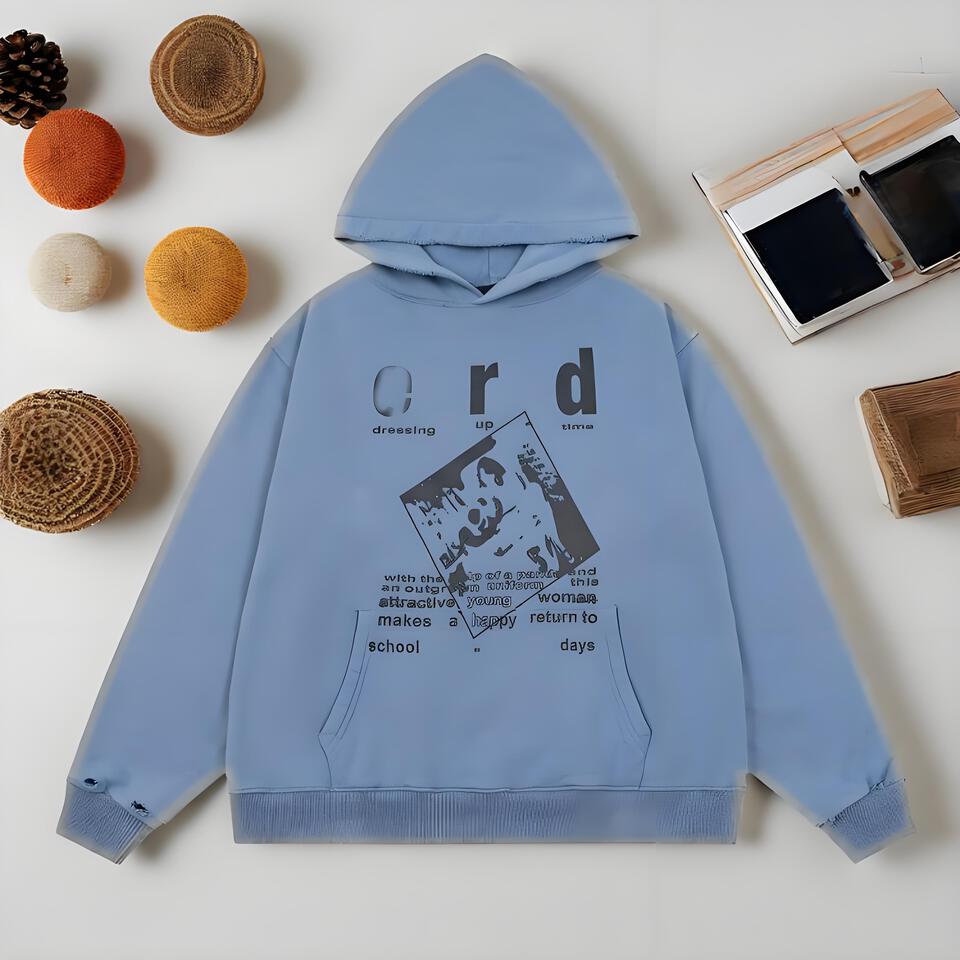 Men's Light Blue Cotton Hoodie Streetwear Unisex Oversized Pullover