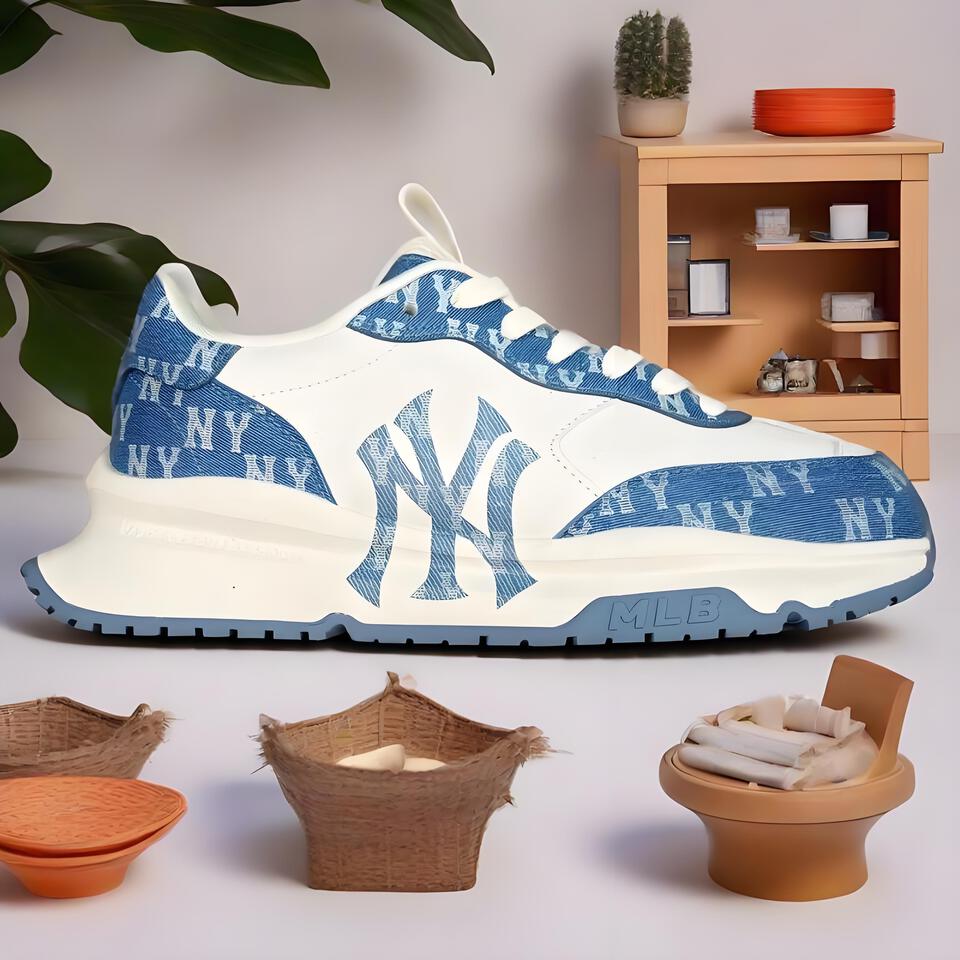 MLB Dad Shoes Blue White NY Denim Patchwork Vintage Sneakers